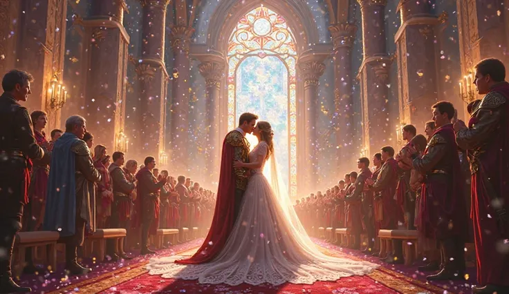 A grand wedding in the heart of Elorin. Eliana wears a dress woven with starlight, while Zeke dons royal armor. The kingdom rejoices as they share their first kiss as rulers.