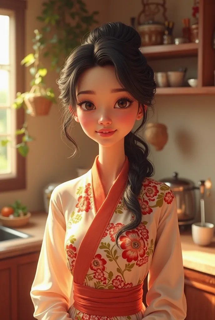 female,asian , make it younger to 50 years old, wearing indonesian kebaya. indoor at kitchen. detail skin, detail hair, youhful looks, 3d animation, disney-pixar style