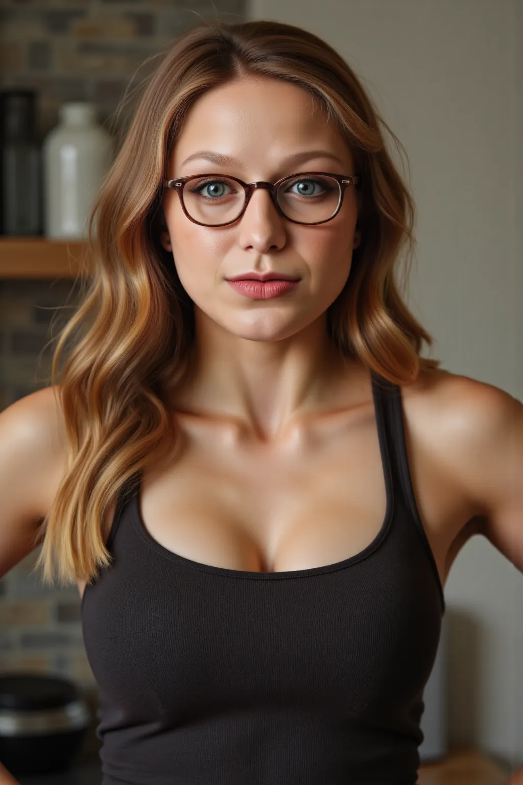 1girl, solo, Breathtaking, Stunning, Cute, gorgeous, Caucasian girl, fit, (muscular:1.4), cleavage, 19, large breasts, (flexing biceps:1.5), abs, slender, slim, long blonde hair, blue eyes, (nerdy glasses), seductive, stunning, flawless, perfect, beautiful...