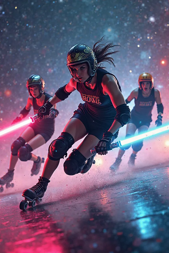 Roller derby poster, Star wars themed, with light sabers and star wars costumes. Have the words "BCR Presents Star Wars, May the 4th be with you"