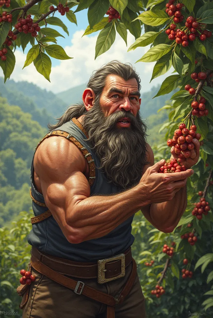 A dwarf picks coffee beans from a tree