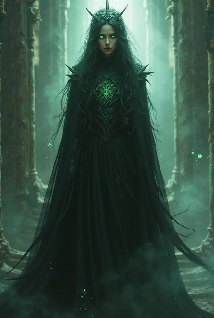 "dark goddess, emerald eyes, black cloak, mysterious female, fantasy"