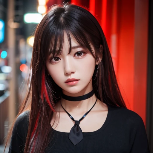  top quality ,  detailed information,  Color Difference,  1 girl,  long hair,  black hair,  messy hair, red highlights,  Hair,  red eyes, Sharp Eye,  choker ,, ,  their four ,  turn my arms around my back , Tie your arms,  