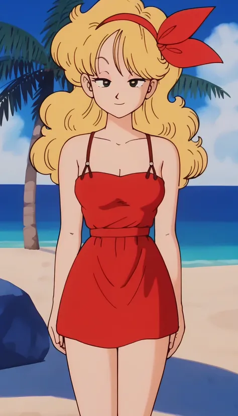 source_anime, score_9, score_8_up, score_7_up, anime screencap, high quality, outdoors, (1girl), palm tree, ocean, grass, cowboy shot, looking at viewer, retro artstyle, bad launch, 1girl, solo, outdoors, blonde hair, long hair, curly hair, red hair ribbon...