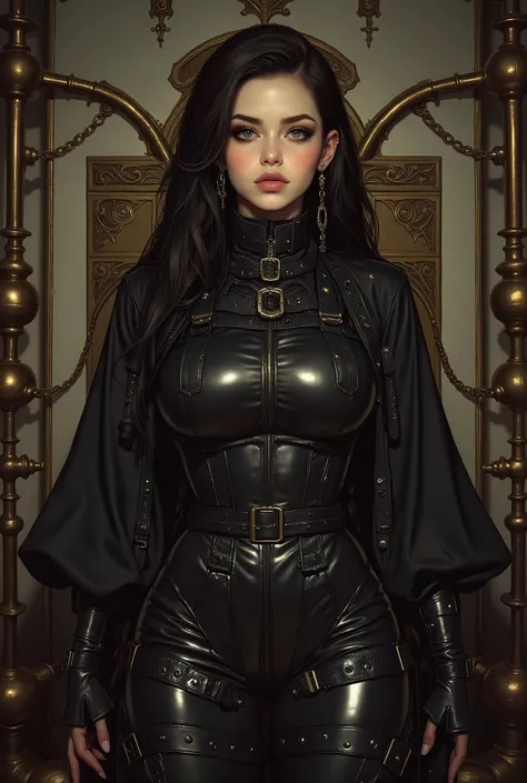 best quality, highres, 4k, 8k, amazing quality, Photo full portrait of photo real. black leather jumpsuit steampunk woman. steampunk background. “full body portrait”