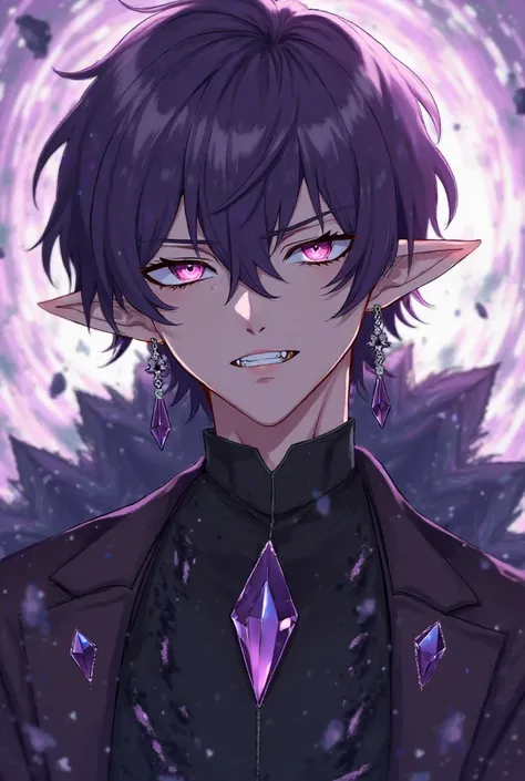 Dark Aether guy, Anime, Fantasy clothes, Purple hair, purple eyes, Best Quality, Short Hair, Earrings, crystal shards on body, Long Pointy Ears, handsome, male, Fang, Teeth, Makeup, Frown, Upper Teeth, Angry, Serious, Annoyed, Blank Eyes, Gradient Eye Colo...