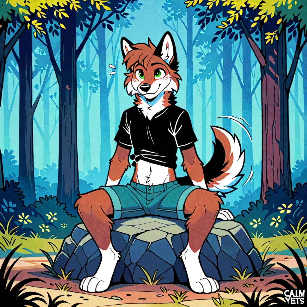 Furry, furry wolfdog, male, multicolored fur, white underbelly, wolfdog face features, green eyes, denim blue shorts, black short sleeved shirt, messy hair, male anatomy, perfectly drawn face, perfectly drawn muzzle, perfectly drawn ears, perfectly drawn e...