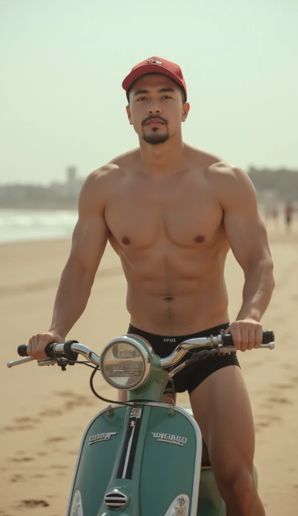 A muscle Korean man, shirtless,black tiny pants ,small beard,red cap, rides a vintage scooter, hyperrealistic, glamour glow, shallow depth of field, product photo, long beach background.มองที่ผู้ชม, ความละเอียดสูง, คุณภาพที่ดีที่สุด, ถูกต้องตามกายวิภาคศาสต...