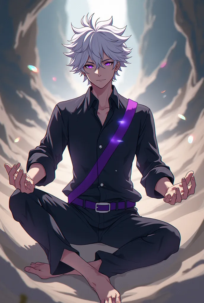 A male Naruto anime-type character with pointed white hair, purple eyes, black shirt with a purple strap, black pants and playing with sand.