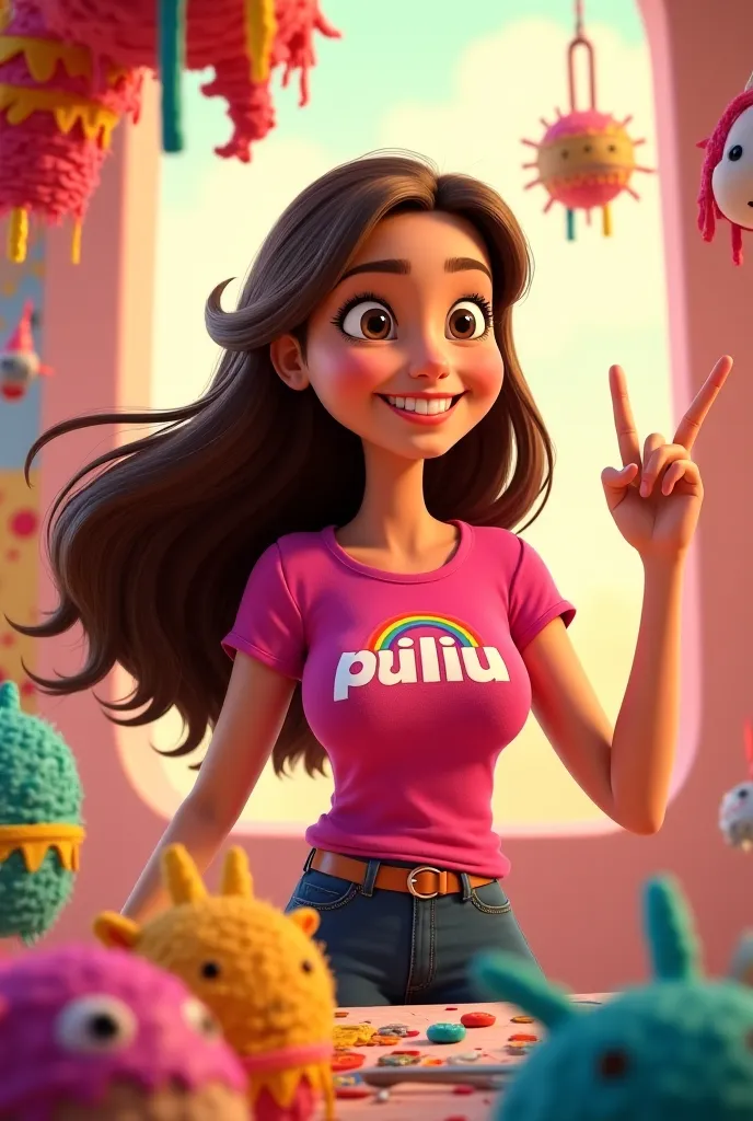  Pixar-style poster(cartoon) age woman with long brown hair on her face a mole wearing a pink t-shirt that says pililu with a rainbow and is making party piñatas