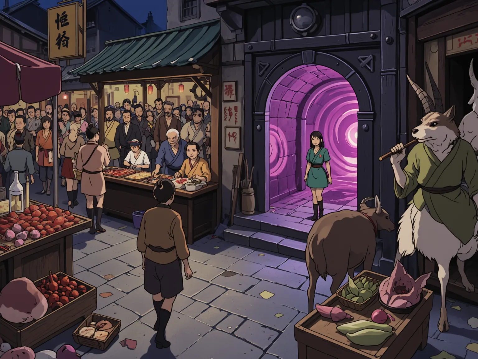 A cartoon image in the style of Ghibli, ghiblistyle, a bustling market place, seen from an elevated position. Stalls and vendors selling beautiful food, grotesque ingredients. Among the sctlattered crowd are humans as well as animals walking on 2 feet, wal...