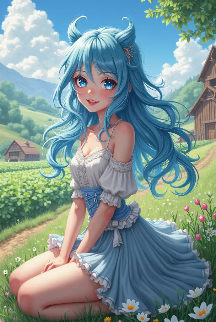 anime, Big hair blue eyes on a farm