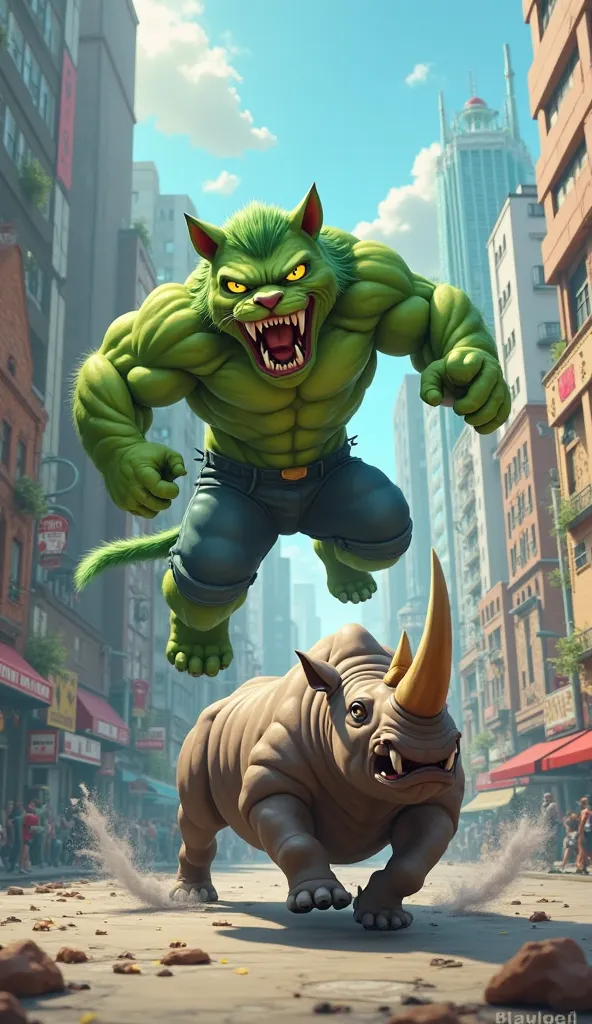 a green hulk version cat gives a jump punch to a dangerous big rhino monster  in a city 3d cartoon 