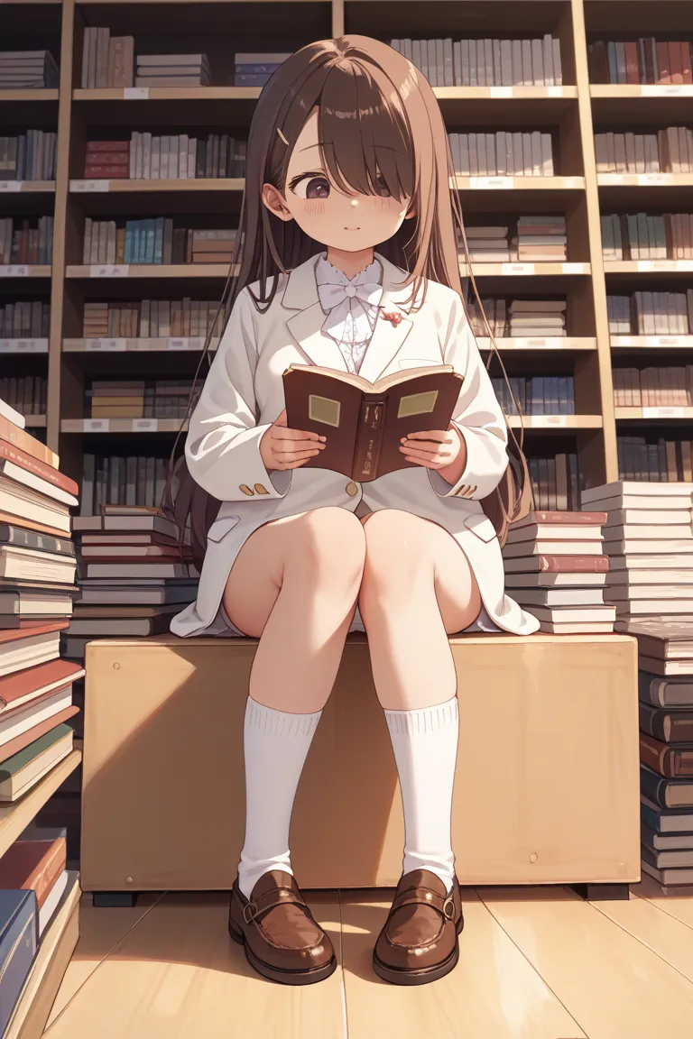 nsfw, pink long hair, medium breasts, highest quality, loli , Anime style, one girl, young girl, dark brown eyes, square head, Straight face,  tall stature, swept bangs, hair over right eye, white blazer, searching book, from low, white panty,  white socks...