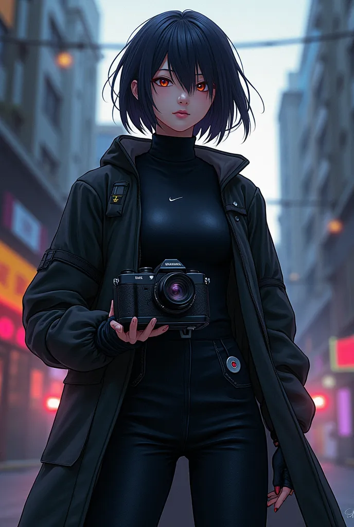 Story cover, anime , One dressed in black clothing comfortable to fight while holding a camera 