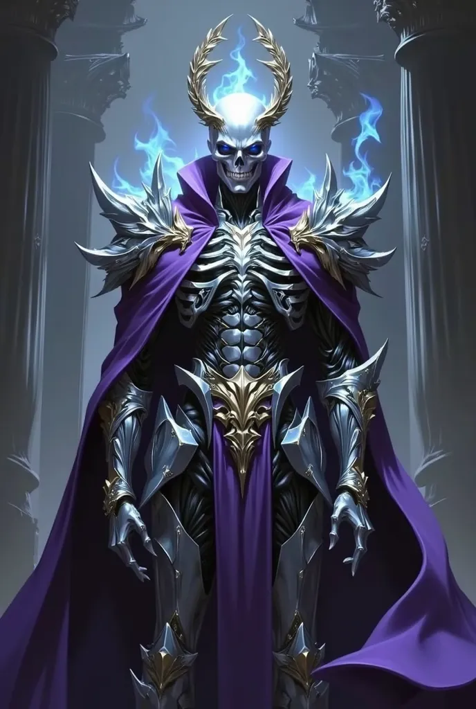 a silver skull with a golden laurel wreath, wearing organic silver osea armor, with a purple clerical stole, blue flaming eyes, Hades, underworld,Full body