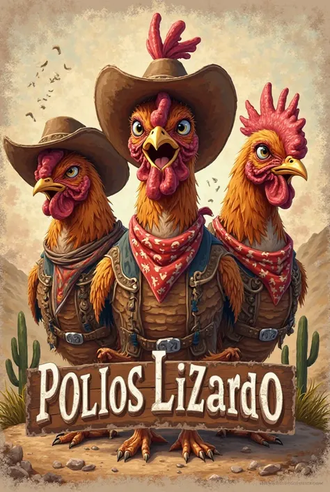 Striking and exotic Old West style fried chicken logo with three adorable cowboy hens
With the name Pollos Lizardo 