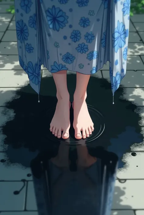 close up of anime 19-year-old female soft-looking and tender bare feet wearing a long blue and white yukata, standing on a large gooey black puddle on the ground