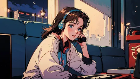 beautiful girl, Alone, 1980s Tokyo beautiful night, retro, 21 years old, beautiful woman, Bob hair, black eyes, Wearing large headphone, Record, listening to Citypop music, brown hair