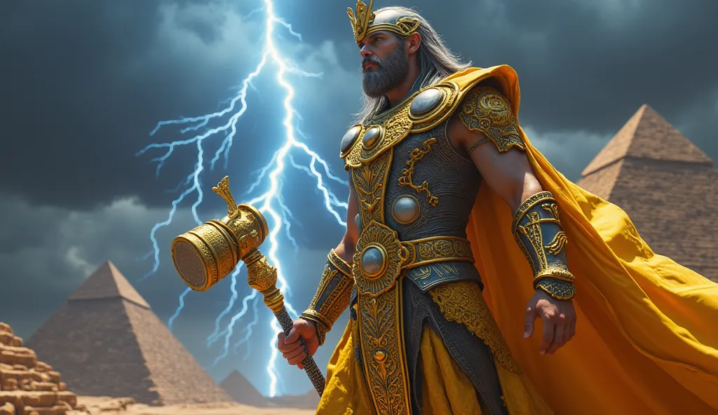 (best quality, 128k,highres,masterpiece:1.2),ultra-detailed,(realistic,photorealistic,photo-realistic:1.37), ((masterpiece)) ((photography)) ((Highest quality)) A majestic pharaoh inspired by Thor, wearing golden and silver armor adorned with thunder and l...