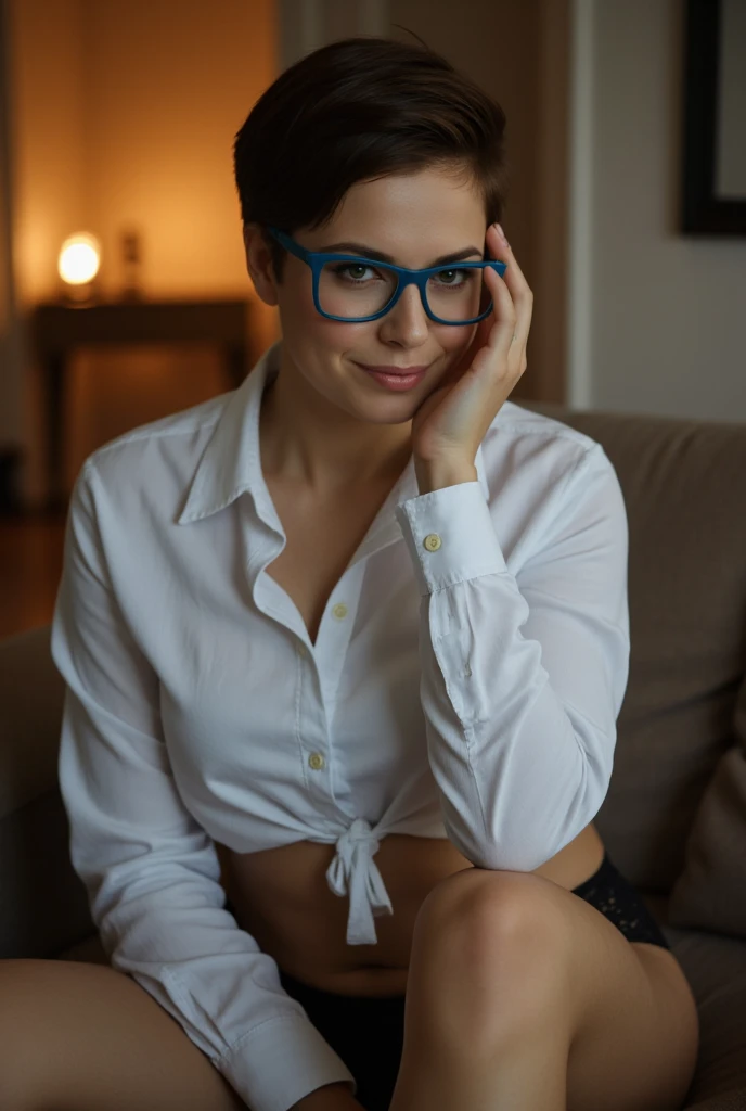 Amateur photo, sharp detail, bokeh, very realistic. Cinematic lighting. A beautiful pale caucasian woman, glasses with thick dark blue square frames, 19 years old, short dark pixie cut, (wide hips:1.3), round face, flirty expression, smirking, wide hips, t...