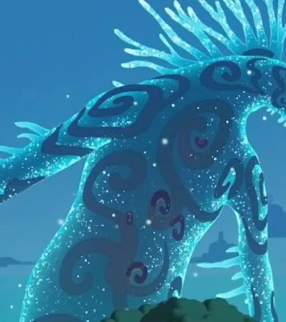 There is a picture of a bird wearing a mohawk on its head, avatar standing in the waves, Alebrijes' Aesthetics , Glowing Water Spirit ,  Ghibli Mebius ,  spirit fantasy concept art standing on dark background ,  beautiful young wind spirit,  inspired by Ro...