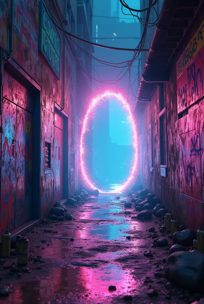 A neon-lit city alley, covered in graffiti murals that unexpectedly come to life. Spray-painted colors ripple outward, creating a glowing dimensional rift in the center of the wall. The air shimmers with digital static as the portal pulsates like a heartbe...