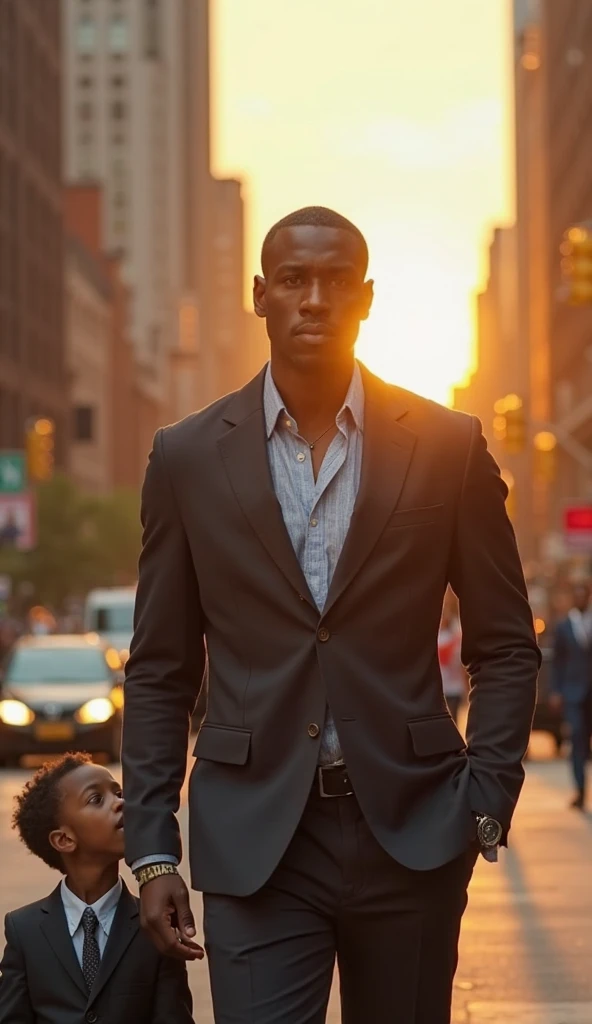 A powerful, cinematic image of a determined African-American man in his early 30s, wearing a slightly worn-out suit, standing in the middle of a busy city street (New York or London). The background is slightly blurred with skyscrapers, cars, and people wa...