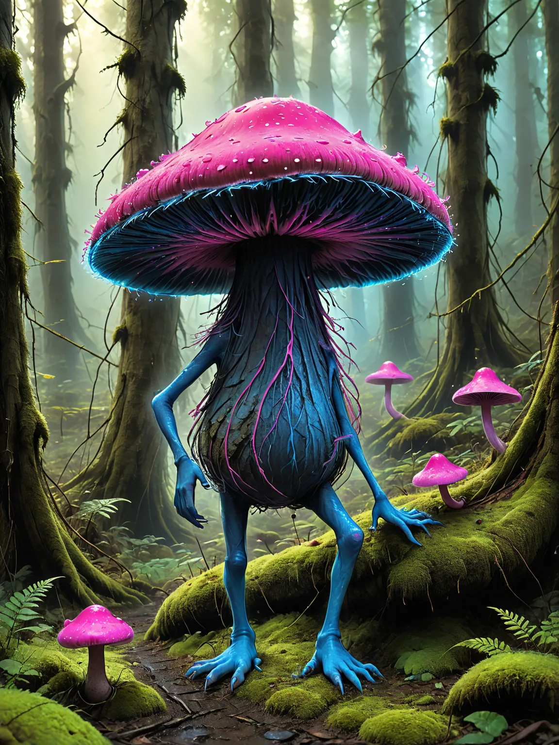 a thick forest canopy overlooks the moss and leaf covered ground, a blue mushroom with ((glowing pink vein structures)) is walking through the forest on thick sinewy legs, wide shoulders and thick arms ending in ((three-fingered hands)), wild roots sprout ...