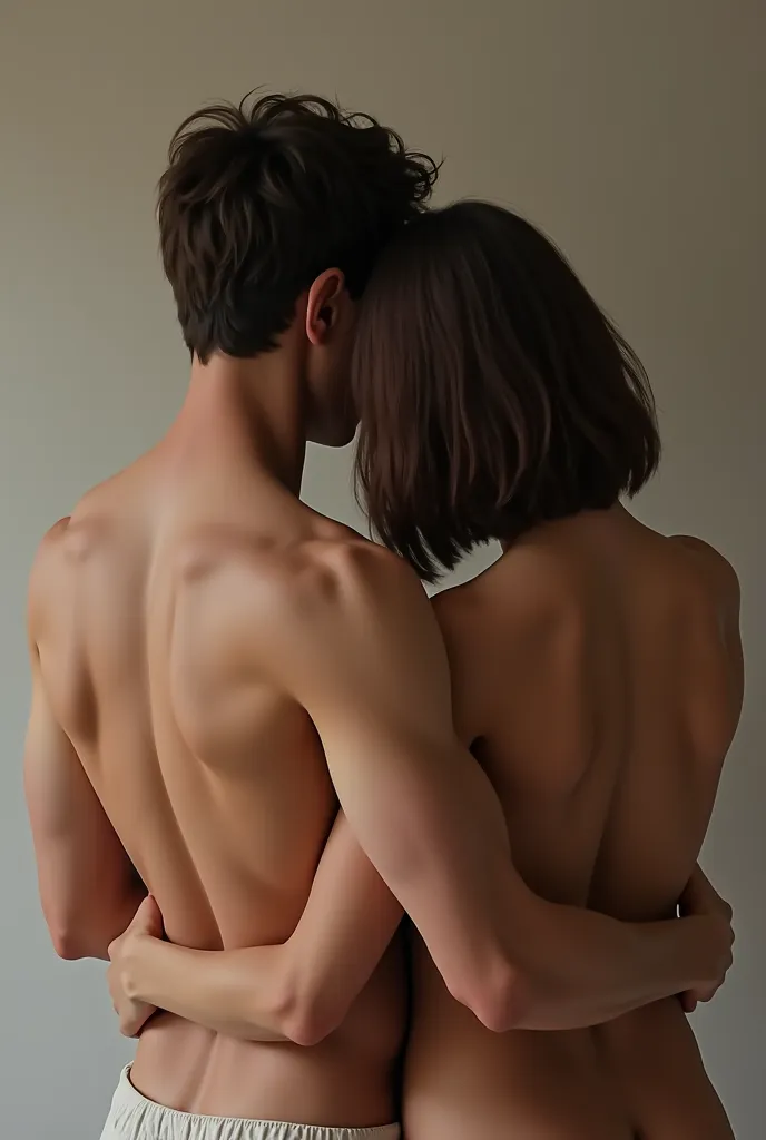 Couple man and short haired brunette woman hugging each other on their backs, bare back, You can't see a woman's face  
