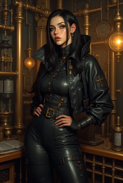 best quality, highres, 4k, 8k, amazing quality, Photo full portrait of photo real. black leather jumpsuit steampunk woman. steampunk background. “full body portrait”