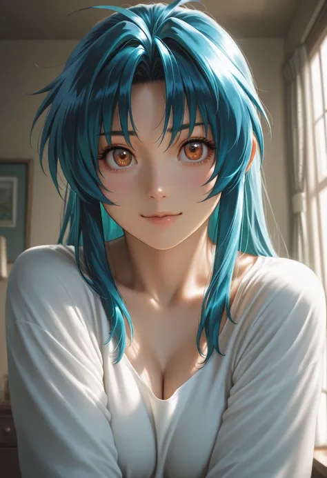 masterpiece, best quality, vibrant, very aesthetic, high contrast, photorealistic portrait,beautiful detailed face,detailed texture,detailed skin,newest, 1girl,full metal panic!,source_Full Metal Panic!,kaname chidori,shirt,room,realistic lighting
