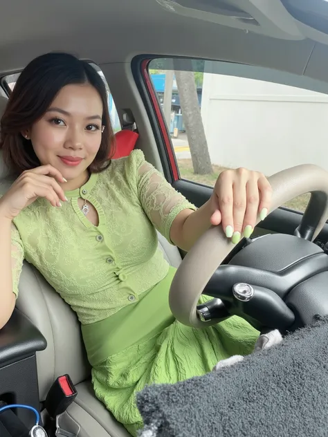 A hyper-realistic portrait of a stunning Thai woman wearing a form-fitting, ultra-tight cotton dress with intricate textile patterns, realistic fabric folds, and enhanced dress creases. The dress clings to her curvy hourglass figure, accentuating her round...