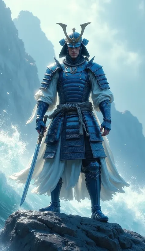  "Samurai with blue armor, white fabric, stands on a rock by the ocean. Waves crash in the mist, fog swirls. Grips two-handed long sword in right hand, focused and battle-ready, gaze sharp."