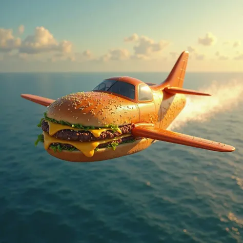 Cheeseburger as a plane flying over the ocean