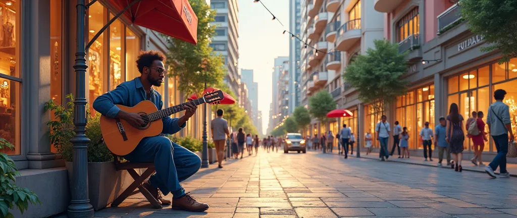 (photorealism:1.2), downtown lesser city, touch of a rich vibe, street musician next to a shopping center, 5:00 pm, warm undertone, late summer air