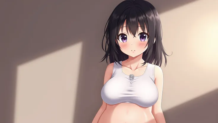 anime girl loli wearing white clothes, pregnancy , realistic shadows, detailed skin photo , very small breasts,  black hair , Very detailed,  face high detail 8k , perfect face shape,  perfect lips , perfect nose,  Perfectly beautiful eyes ,  viewers watch...