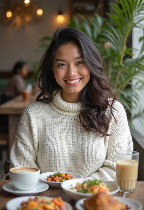 An amazing foto portrait of a young Indonesian woman, big size fat chubby,  white sweater in a neutral tone. Smile at camera, Sitting on the chair at the outdoor cafe, best quality, ultra hd, lots of food on the table, a cup of Coffee 