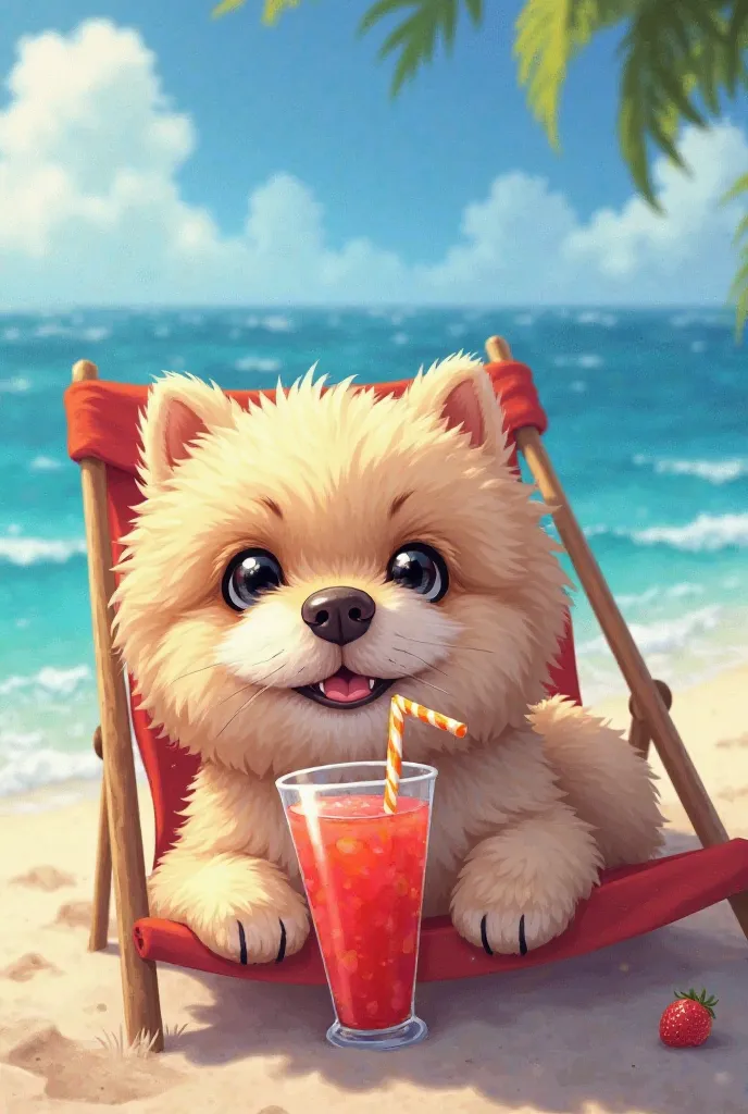 Sure! Here's your prompt in English for SEAIT:  

**"A fluffy Lhasa Apso dog is lying on a beach chair on the sandy shore, enjoying a cold juice through a small straw. The scene is bright and sunny, with the ocean waves in the background and a relaxed summ...