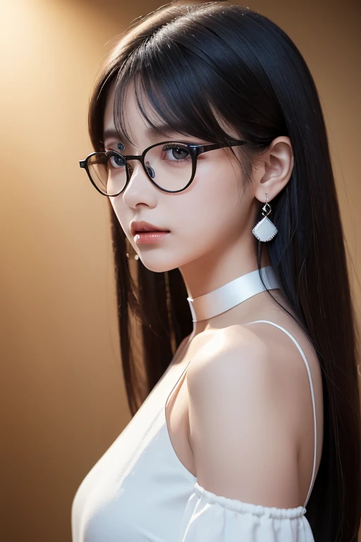 8k wallpaper, masterpiece,  movie lights,  top quality,  illustration, Dramatic angle, ((color: 1.1)), ((color inner hair: 1.4)),  One Girl , alone,  long hair, water,   blue eyes,  Black Eyewear,  choker ,  open lips, white  choker , Liquid Hair,  black h...