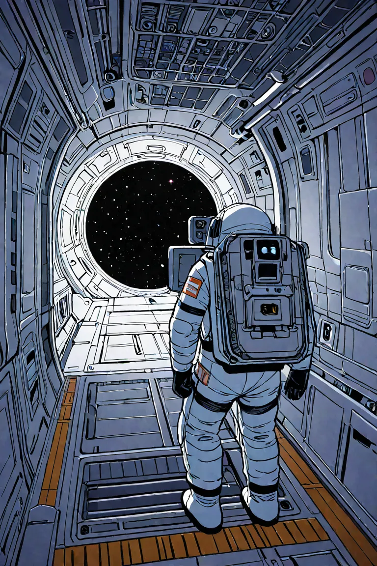 Line drawing in black and white for coloring of an astronaut floating inside a spaceship 