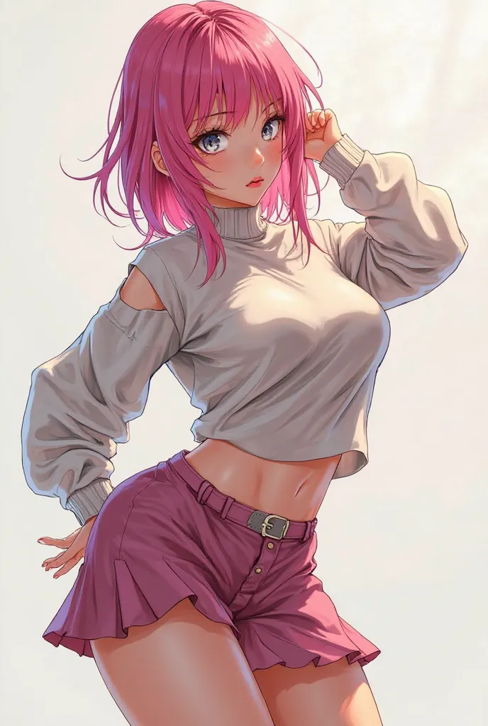 Manga character girl beautiful beautiful beautiful beautiful beautiful and sexy pink hair and gray eyes free skirt and black that hides big buttocks and twerk and a sweater