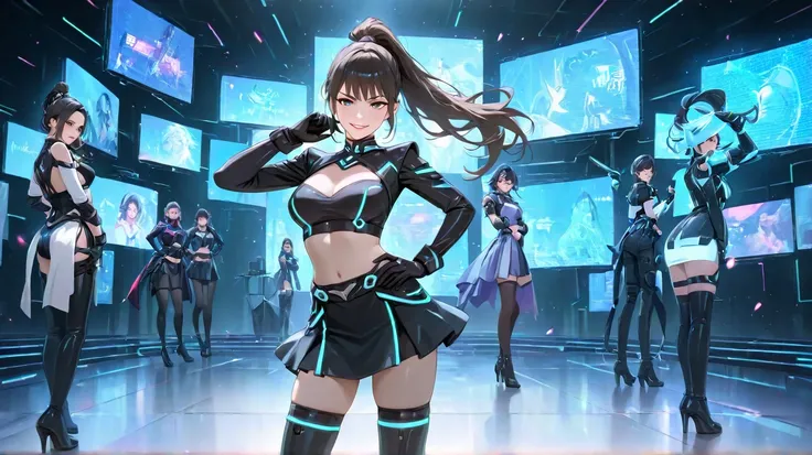 An anime-style female character striking a confident, seductive, and captivating pose on a futuristic digital stage. She has long black hair tied in a high ponytail, with strands framing her alluring face. She wears a black crop top, a shimmering short ski...