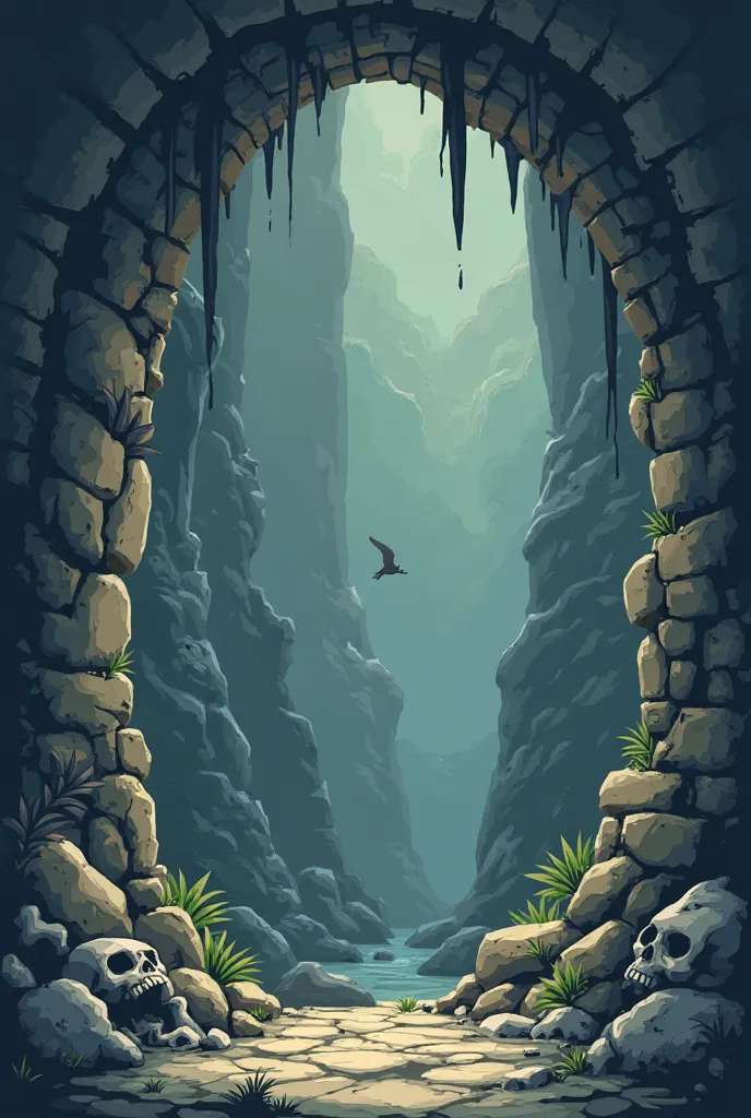 a vector art picture of stone wall background composed of stones and stalactites and bone fosiles, like in a platformer game. IN simple vector art style