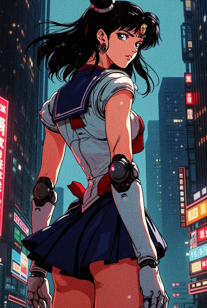 A digital illustration in a highly detailed, vibrant, high-contrast, semi-realistic art style with 90s retro-futuristic anime elements, without noise or comic halftone effects. The subject is Sailor Moon, a woman with dark shoulder-length hair styled in he...