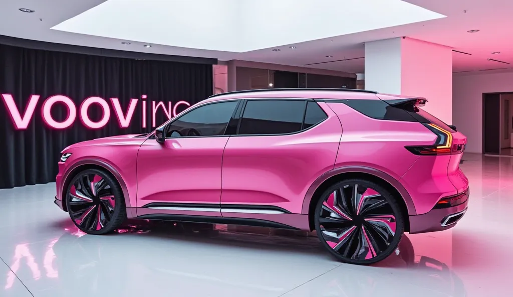  A captivating image of a (voivo xc90) taking center stage in a luxurious white showroom. The futuristic, vibrant ( pink ) exterior gleams, showcasing its sleek, aerodynamic design and bold accents. The words (voivo xc90)are prominently displayed in large,...