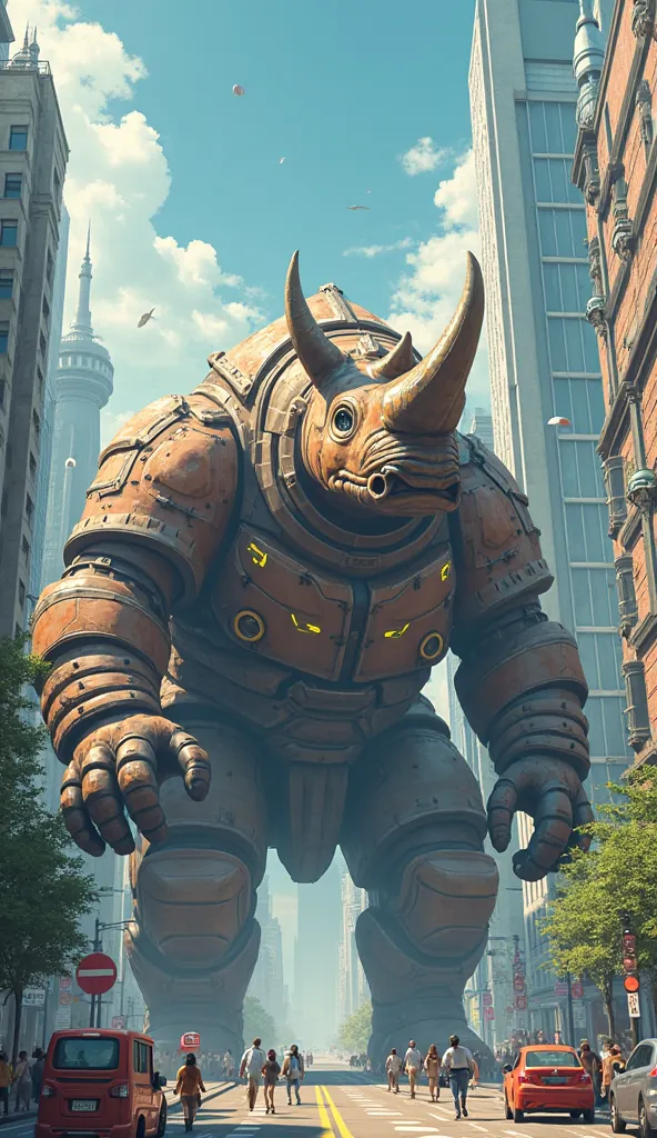 a rhino monster is lying down in a modern city 3d cartoon