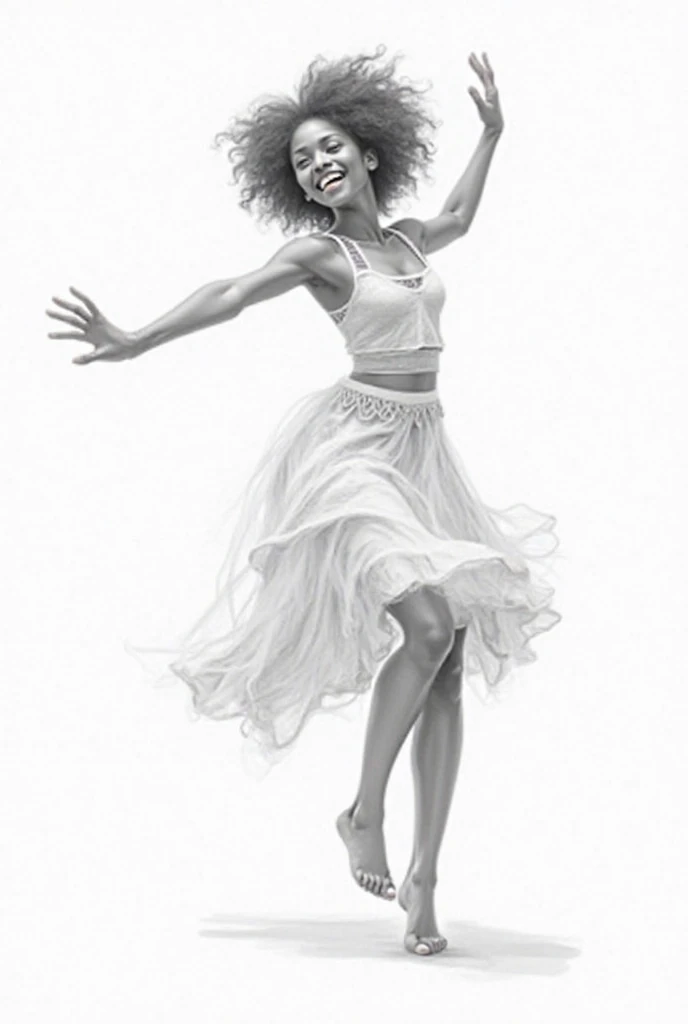 An art outlined pencil  sketch drawing of a young African girl who is dancing with vigour. The image is black and white and the background is white.