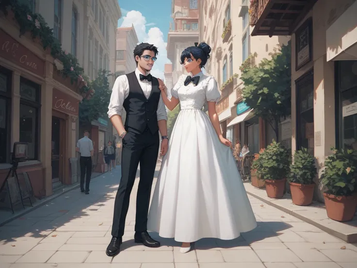 two formally dressed men, specifically with black vests over white dress shirts and black bow ties. The person on the left is thin and has slightly messy black hair with blue glasses, while the person on the right has well-groomed black hair down the side,...