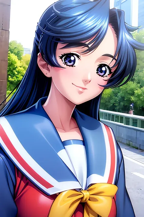 a girl, (best quality), (masterpiece), (((portrait))), school uniform, sailor suit, smile, medium breasts, The scene is set on a bright daytime street, with clear blue skies and city elements in the background. 